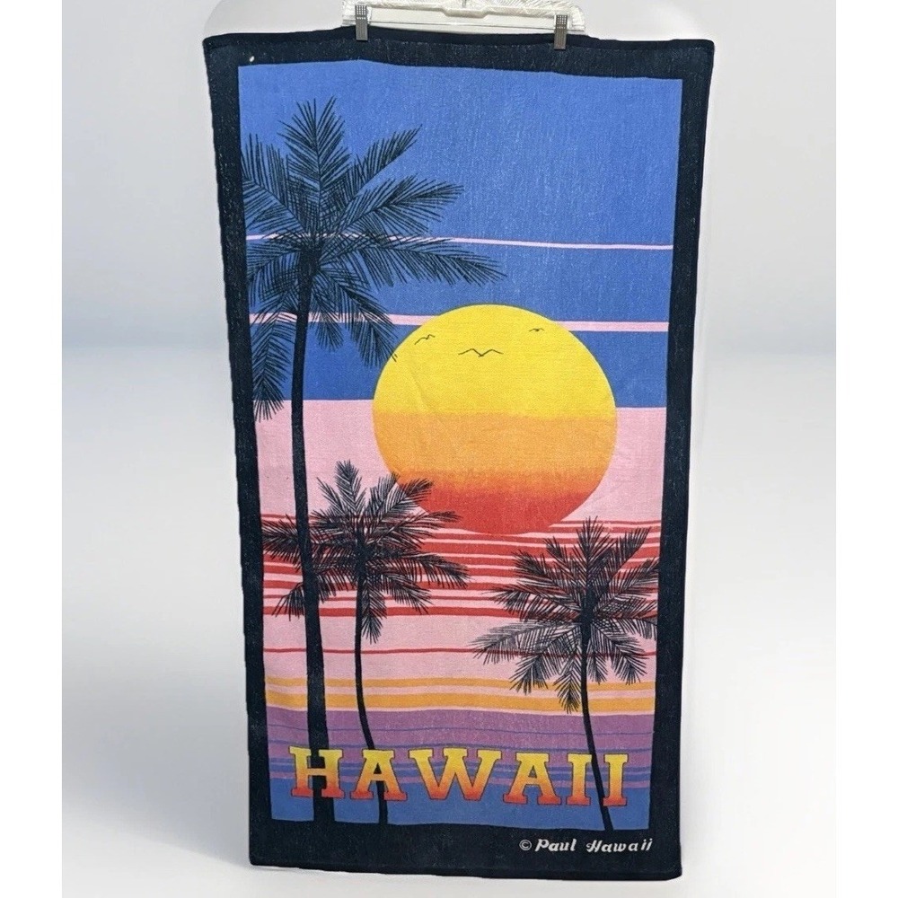 Vintage Paul Hawaii Beach Towel Sunset Palm Trees‎ Retro Surf 30x54